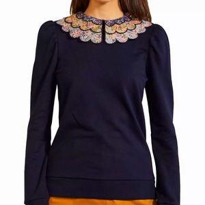 Boden Navy floral ruffle collar sweatshirt size 6 US